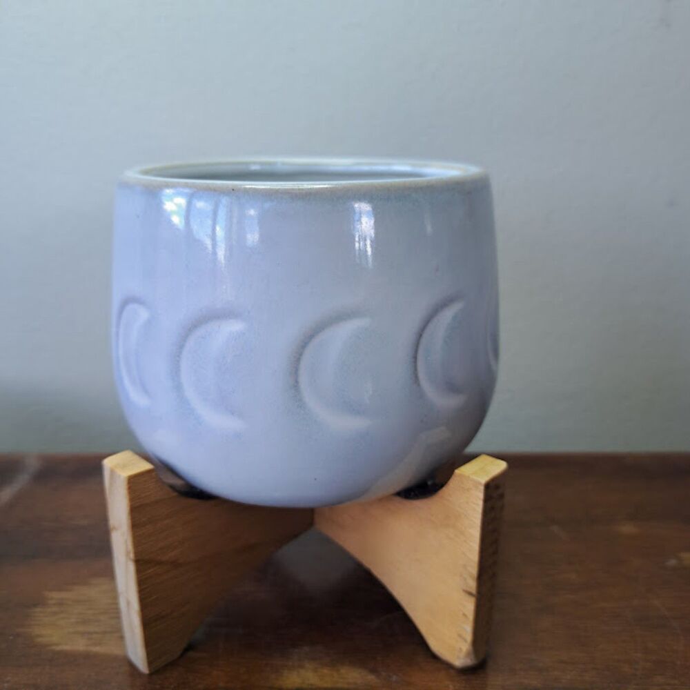 Mid Century Modern Ceramic Planter with Wood Stand • Boho Light Blue Circle Pot